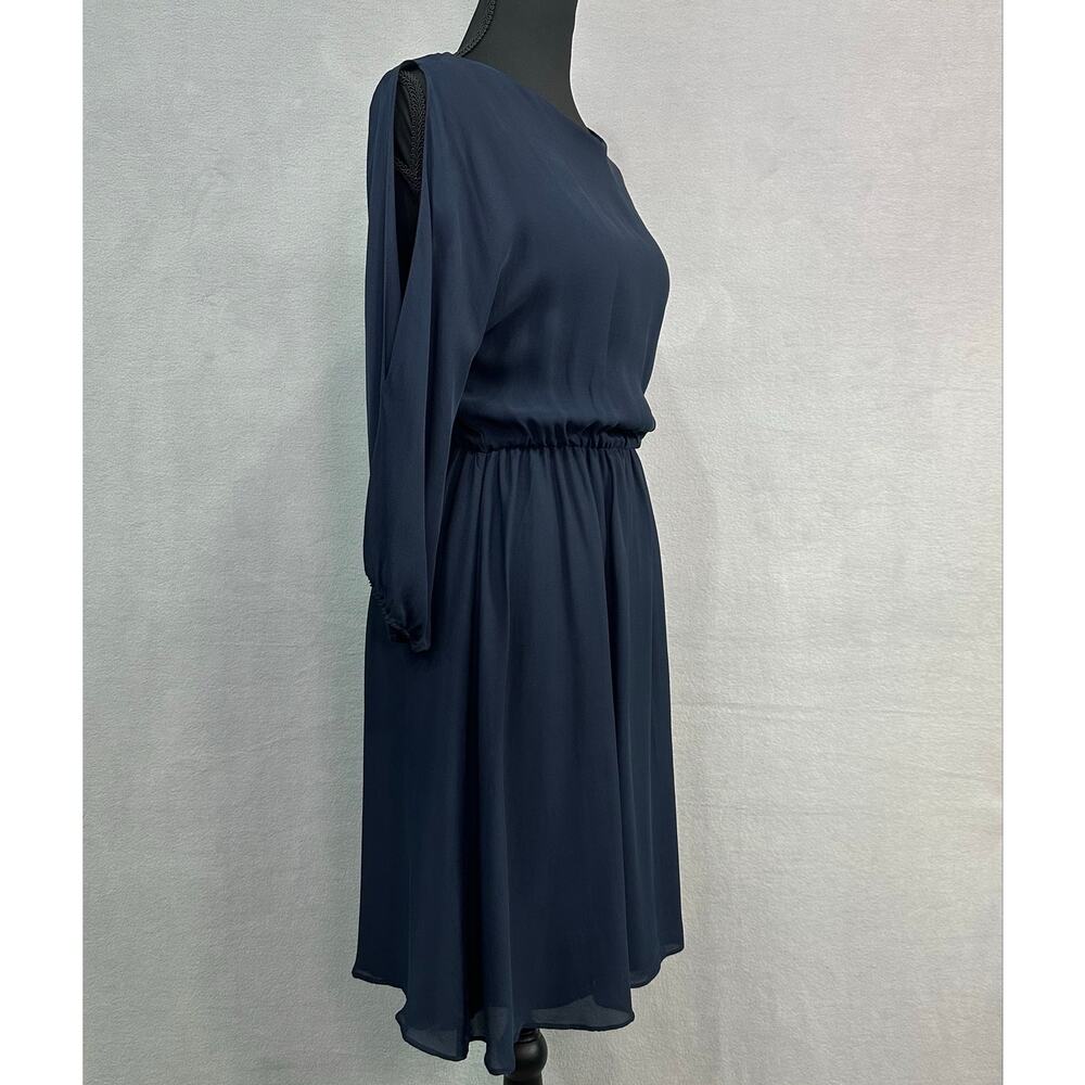 Alice + Olivia Navy Blue 100% Silk Cold Shoulder Long Sleeve Mini Dress Size S - Picture 3 of 12